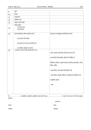 ¹Hkkx IIµ[k.M 3(i)º Hkkjr dk jkti=k % vlk/kj.k 139
9 धम
10 िश ा
11 मातृभाषा
12 वतमान पता
13 आधार काड सं या
14
संपक यौरा
क) लड लाइन
ख) मोबाइल
15 थापन िववरण य द बालसं था से है
क) थापन क तारीख
ख) बालक का नाम एवं थायी पता
ग) प रवार छोड़ने का कारण
बालक का द तक हण नह कया गया है
16 थापन का कारण य द बालसं थान से है
माता अथवा माता-िपता दोन कारागार म ह
माता-िपता िचरकािलक बीमारी से पीिड़त ह
िनि य प रवार (अथात मादक पदाथ का दु पयोग, घरेलू
हसा आ द)
माता-िपता अलग होने क या म ह
माता-िपता कानूनी अिभर ा के िववाद क या म ह
ाकृितक आपदा
अ य
म ………………… सामािजक कायकता मािणत करता ँ क बाल…………………………के बारे म इस प म दी गई सूचना
सही है ।
ह ता र :
थान : नाम :
तारीख : पदनाम :
 