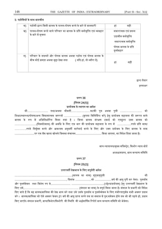 148 THE GAZETTE OF INDIA : EXTRAORDINARY [PART II—SEC. 3(i)]
9. पड़ोिसय के साथ बातचीत
क) पड़ोसी ारा कसी बालक के पालन-पोषण करने के बारे म जानकारी हां नही
ख) पालन-पोषण करने वाले प रवार का बालक के ित मनोवृि त एवं यवहार
के बारे म सूचना
सकारा मक एवं स न
उदासीन मनोवृि त
नकारा मक मनोवृि त
पोषक बालक के ित
दु यवहार
ग) प रवार के सद य और पोषक बालक अथवा पड़ोस एवं पोषक बालक के
बीच कोई झगड़ा अथवा मु ा देखा गया ( य द हां, तो यौरा द)
हां नह
ारा तैयार
ह ता र
प 36
[िनयम 24(5)]
ायोजक के थापन का आदेश
ी………………….. तथा/अथवा ीमती…………………का/क पु अथवा पु ी …………………… को
िश ा/ वा य/पोषण/अ य िवकासा मक ज रत ………………. (कृपया िविन द ट कर) हेतु ायोजक सहायता क ज रत वाले
बालक के प म अिभिनधा रत कया गया है । िजला बालक संर ण इकाई को एत ारा उ त बालक को
……………………( दवस /मास) क अविध के िलए एक बार क ायोजक सहायता के प म …………… पये ित मास/
…………. पये िनमु त करने और आव यक अनुवत कारवाई करने के िलए और उ त योजन के िलए बालक के नाम
..........................पर एक बक खाता खोलने िजसका संचालन.................................. कया जाएगा, का िनदेश दया जाता है।
बाल यायालय/मु य मिज ेट, कशोर याय बोड
अ य /सद य, बाल क याण सिमित
प 37
[िनयम 25(2)]
उ तरवत देखभाल के िलए सपुदगी आदेश
............................................................................(बालक का नाम) सुपु /सुपु ी ी
...................................................................., दनांक .....................को ......................वष क आयु पूरी कर लेगा। पुनवास
और पुनसमेकन तथा िवशेष प से.......................... ...........................................(उ े य/ योजन) हेतु उ तरवत देखभाल के
िलए उसे,…………………………………………………… (संगठन का नाम) के सपुद कया जाता है। संगठन के भारी को िनदेश
दए जाते ह क वह बालक/बािलका क देख भाल करे तथा उसे उसके पुनवास व पुनस मेकन के िलए गंभीरतापूवक सभी अवसर दान
करे । बालक/बािलका को ऐसे अवसर के वल 21 वष क आयु ा त करने तक या समाज म पुन:समेकन होने तक जो भी पहले हो, दान
कए जाएंगे। संगठन भारी, बाल/ कशेार/ कशोरी क ि थित क अ वा षक रपोट बाल क याण सिमित को भेजेगा।
 