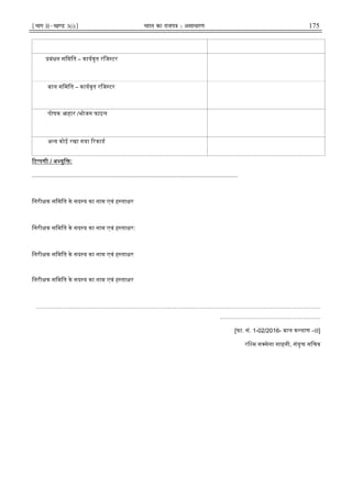 ¹Hkkx IIµ[k.M 3(i)º Hkkjr dk jkti=k % vlk/kj.k 175
बंधन सिमित – कायवृत रिज टर
बाल सिमित – कायवृत रिज टर
पोषक आहार /भोजन फाइल
अ य कोई रखा गया रकाड
ट पणी / अ युि :
.............................................................................................................................
िनरी क सिमित के सद य का नाम एवं ह ता र
िनरी क सिमित के सद य का नाम एवं ह ता र:
िनरी क सिमित के सद य का नाम एवं ह ता र
िनरी क सिमित के सद य का नाम एवं ह ता र
………………………………………………………………………………………………………………………………
……………………………………………
[फा. सं. 1-02/2016- बाल क याण –II]
रि म स सेना साहनी, संयु सिचव
 