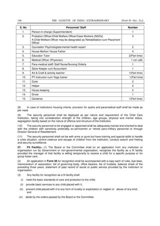 196 THE GAZETTE OF INDIA : EXTRAORDINARY [PART II—SEC. 3(i)]
S. No Personnel/ Staff Number
1. Person-in-charge (Superintendent) 1
2. Probation Officer/Child Welfare Officer/Case Workers (NGOs)
A Child Welfare Officer may be designated as Rehabilitation-cum-Placement
Officer
3
3. Counselor/ Psychologists/mental health expert 2
4. House Mother/ House Father 4
5. Educator/ Tutor 2(Part time)
6. Medical Officer (Physician) 1 (on call)
7. Para-medical staff/ Staff Nurse/Nursing Orderly 1
8. Store Keeper cum Accountant 1
9. Art & Craft & activity teacher 1(Part time)
10. PT Instructor-cum-Yoga trainer 1(Part time)
11. Cook 2
12. Helper 2
13. House keeping 2
14. Driver 1
15. Gardener 1(Part time)
(8) In case of institutions housing infants, provision for ayahs and paramedical staff shall be made as
per need.
(9) The security personnel shall be deployed as per nature and requirement of the Child Care
Institution, taking into consideration strength of the children, age groups, physical and mental status,
segregation facility based on the nature of offence and structure of the Institution.
(10) The security personnel to be engaged or appointed shall be adequately trained and oriented to deal
with the children with sensitivity preferably ex-servicemen or retired para-military personnel or through
Director General of Resettlement.
(11) The security personnel shall not be with arms or guns but have training and special skills to handle
a crisis situation, control violence and escape of children from the institution, conduct search and frisking
and security surveillance.
27. Fit Facility.- (1) The Board or the Committee shall on an application from any institution or
organisation run by Government or non-governmental organisation, recognise the facility as a fit facility
provided the manager of that facility is willing temporarily to receive a child for a specific purpose or for
group foster care.
(2) An application in Form 38 for recognition shall be accompanied with a copy each of rules, bye-laws,
memorandum of association, list of governing body, office bearers, list of trustees, balance sheet of the
preceding three years, statement of past record of social or public service provided by the institution or
organisation.
(3) Any facility for recognition as a fit facility shall:
(i) meet the basic standards of care and protection to the child;
(ii) provide basic services to any child placed with it;
(iii) prevent child placed with it to any form of cruelty or exploitation or neglect or abuse of any kind;
and
(iv) abide by the orders passed by the Board or the Committee.
 