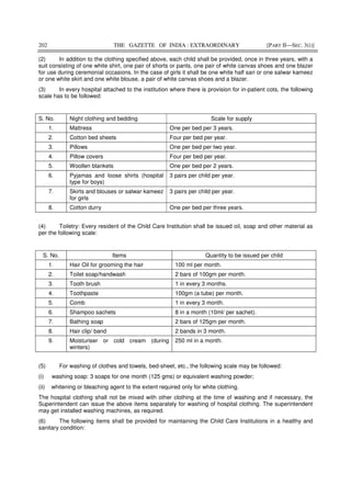 202 THE GAZETTE OF INDIA : EXTRAORDINARY [PART II—SEC. 3(i)]
(2) In addition to the clothing specified above, each child shall be provided, once in three years, with a
suit consisting of one white shirt, one pair of shorts or pants, one pair of white canvas shoes and one blazer
for use during ceremonial occasions. In the case of girls it shall be one white half sari or one salwar kameez
or one white skirt and one white blouse, a pair of white canvas shoes and a blazer.
(3) In every hospital attached to the institution where there is provision for in-patient cots, the following
scale has to be followed:
S. No. Night clothing and bedding Scale for supply
1. Mattress One per bed per 3 years.
2. Cotton bed sheets Four per bed per year.
3. Pillows One per bed per two year.
4. Pillow covers Four per bed per year.
5. Woollen blankets One per bed per 2 years.
6. Pyjamas and loose shirts (hospital
type for boys)
3 pairs per child per year.
7. Skirts and blouses or salwar kameez
for girls
3 pairs per child per year.
8. Cotton durry One per bed per three years.
(4) Toiletry: Every resident of the Child Care Institution shall be issued oil, soap and other material as
per the following scale:
S. No. Items Quantity to be issued per child
1. Hair Oil for grooming the hair 100 ml per month.
2. Toilet soap/handwash 2 bars of 100gm per month.
3. Tooth brush 1 in every 3 months.
4. Toothpaste 100gm (a tube) per month.
5. Comb 1 in every 3 month.
6. Shampoo sachets 8 in a month (10ml/ per sachet).
7. Bathing soap 2 bars of 125gm per month.
8. Hair clip/ band 2 bands in 3 month.
9. Moisturiser or cold cream (during
winters)
250 ml in a month.
(5) For washing of clothes and towels, bed-sheet, etc., the following scale may be followed:
(i) washing soap: 3 soaps for one month (125 gms) or equivalent washing powder;
(ii) whitening or bleaching agent to the extent required only for white clothing.
The hospital clothing shall not be mixed with other clothing at the time of washing and if necessary, the
Superintendent can issue the above items separately for washing of hospital clothing. The superintendent
may get installed washing machines, as required.
(6) The following items shall be provided for maintaining the Child Care Institutions in a healthy and
sanitary condition:
 