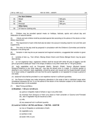 ¹Hkkx IIµ[k.M 3(i)º Hkkjr dk jkti=k % vlk/kj.k 205
For Sick Children
30. Bread 500 gms.
31. Milk 500 ml.
32. Khichadi 300 gms.
Other Items
33. LP Gas for Cooking only
(2) Children may be provided special meals on holidays, festivals, sports and cultural day and
celebration of national festival.
(3) Infants and sick children shall be provided special diet according to the advice of the doctor on their
dietary requirement.
(4) The requirement of each child shall also be taken into account including need for iron and folic acid
supplements.
(5) The menu for the day shall be prepared in consultation with the Children’s Committee and shall be
displayed in the dining hall.
(6) Variation in diet may be as per seasonal and regional variations, a suggested diet variation is given
below:-
(i) varieties of dal e g., Toor (Arhar), Moong (Green Gram) and Chana (Bengal Gram) may be given
alternatively;
(ii) on non-vegetarian days, vegetarian children shall be issued with either 60 gms of jaggery and 60
gms of groundnut seeds per head in the shape of laddus or any other sweet dish or 100 gms paneer;
(iii) leafy vegetables such as Fenugreek (Methi), Spinach (Palak), Sarson (Mustard leaves)
GonguraThotakura or any other saag etc., may also be issued once in a week. If a kitchen garden is
attached to any institution, leafy vegetables, should be grown and issued and the Superintendent should
try to issue variety of vegetables and see that the same vegetable is not repeated for at least a period of
one week;
(iv) seasonal fruits shall be provided in a non-repetitive manner in sufficient quantities;
(v) the Person-in-charge may make temporary alterations in the scale of diet in individual cases when
considered necessary by him, or on the advice of the doctor of the institution subject to the condition that
the scale laid down is not exceeded.
(7) Meal Timing and Menu:
(i) Breakfast – 7.30 a.m. to 8.30 a.m.
(a) upma or chapattis made of wheat or ragi or any other dish;
(b) chutneys from Gongura or fresh curry leave or fresh coriander or Coconut and Putnadal
etc., dal or vegetable may be issued as a dish;
(c) milk;
(d) any seasonal fruit in sufficient quantity.
(ii) Lunch at 12.30 to 1.30 P.M. and Dinner – 7.00 P.M. – 8.00 P.M
(a) rice or Chapattis or combination of both;
(b) vegetable curry;
(c) sambar or dal;
(d) butter milk or curd.
 