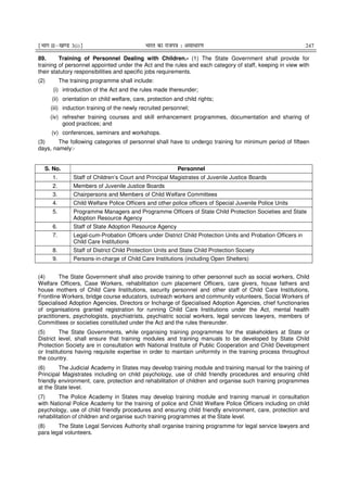 ¹Hkkx IIµ[k.M 3(i)º Hkkjr dk jkti=k % vlk/kj.k 247
89. Training of Personnel Dealing with Children.- (1) The State Government shall provide for
training of personnel appointed under the Act and the rules and each category of staff, keeping in view with
their statutory responsibilities and specific jobs requirements.
(2) The training programme shall include:
(i) introduction of the Act and the rules made thereunder;
(ii) orientation on child welfare, care, protection and child rights;
(iii) induction training of the newly recruited personnel;
(iv) refresher training courses and skill enhancement programmes, documentation and sharing of
good practices; and
(v) conferences, seminars and workshops.
(3) The following categories of personnel shall have to undergo training for minimum period of fifteen
days, namely:-
S. No. Personnel
1. Staff of Children’s Court and Principal Magistrates of Juvenile Justice Boards
2. Members of Juvenile Justice Boards
3. Chairpersons and Members of Child Welfare Committees
4. Child Welfare Police Officers and other police officers of Special Juvenile Police Units
5. Programme Managers and Programme Officers of State Child Protection Societies and State
Adoption Resource Agency
6. Staff of State Adoption Resource Agency
7. Legal-cum-Probation Officers under District Child Protection Units and Probation Officers in
Child Care Institutions
8. Staff of District Child Protection Units and State Child Protection Society
9. Persons-in-charge of Child Care Institutions (including Open Shelters)
(4) The State Government shall also provide training to other personnel such as social workers, Child
Welfare Officers, Case Workers, rehabilitation cum placement Officers, care givers, house fathers and
house mothers of Child Care Institutions, security personnel and other staff of Child Care Institutions,
Frontline Workers, bridge course educators, outreach workers and community volunteers, Social Workers of
Specialised Adoption Agencies, Directors or Incharge of Specialised Adoption Agencies, chief functionaries
of organisations granted registration for running Child Care Institutions under the Act, mental health
practitioners, psychologists, psychiatrists, psychiatric social workers, legal services lawyers, members of
Committees or societies constituted under the Act and the rules thereunder.
(5) The State Governments, while organising training programmes for the stakeholders at State or
District level, shall ensure that training modules and training manuals to be developed by State Child
Protection Society are in consultation with National Institute of Public Cooperation and Child Development
or Institutions having requisite expertise in order to maintain uniformity in the training process throughout
the country.
(6) The Judicial Academy in States may develop training module and training manual for the training of
Principal Magistrates including on child psychology, use of child friendly procedures and ensuring child
friendly environment, care, protection and rehabilitation of children and organise such training programmes
at the State level.
(7) The Police Academy in States may develop training module and training manual in consultation
with National Police Academy for the training of police and Child Welfare Police Officers including on child
psychology, use of child friendly procedures and ensuring child friendly environment, care, protection and
rehabilitation of children and organise such training programmes at the State level.
(8) The State Legal Services Authority shall organise training programme for legal service lawyers and
para legal volunteers.
 