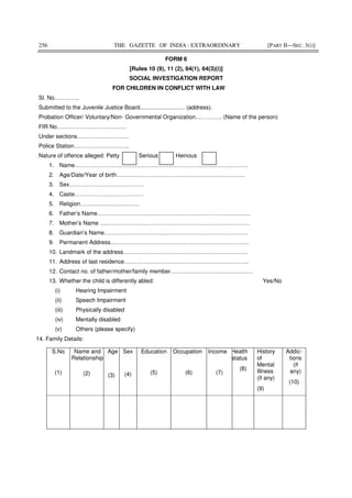 256 THE GAZETTE OF INDIA : EXTRAORDINARY [PART II—SEC. 3(i)]
FORM 6
[Rules 10 (9), 11 (2), 64(1), 64(3)(i)]
SOCIAL INVESTIGATION REPORT
FOR CHILDREN IN CONFLICT WITH LAW
Sl. No………….
Submitted to the Juvenile Justice Board............................ (address).
Probation Officer/ Voluntary/Non- Governmental Organization………….. (Name of the person)
FIR No………………………………
Under sections………………………
Police Station………………………..
Nature of offence alleged: Petty Serious Heinous
1. Name………………………………………………………………………………
2. Age/Date/Year of birth………………………………………………………….
3. Sex…………………………………
4. Caste………………………………
5. Religion………………………….
6. Father’s Name……………………………………………………………………..
7. Mother’s Name ……………………………………………………………………
8. Guardian’s Name…………………………………………………………………
9. Permanent Address………………………………………………………………
10. Landmark of the address………………………………………………………..
11. Address of last residence………………………………………………………..
12. Contact no. of father/mother/family member…………………………………….
13. Whether the child is differently abled: Yes/No
(i) Hearing Impairment
(ii) Speech Impairment
(iii) Physically disabled
(iv) Mentally disabled
(v) Others (please specify)
14. Family Details:
S.No
(1)
Name and
Relationship
(2)
Age
(3)
Sex
(4)
Education
(5)
Occupation
(6)
Income
(7)
Health
status
(8)
History
of
Mental
Illness
(if any)
(9)
Addic-
tions
(if
any)
(10)
 