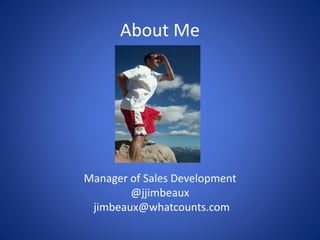 About Me
Manager of Sales Development
@jjimbeaux
jimbeaux@whatcounts.com
 