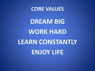 CORE VALUES
DREAM BIG
WORK HARD
LEARN CONSTANTLY
ENJOY LIFE
 