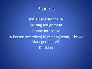 Process
Initial Questionnaire
Writing Assignment
Phone Interview
In Person Interview(30 mins w/team, 1 hr w/
Manager and VP)
Decision
 
