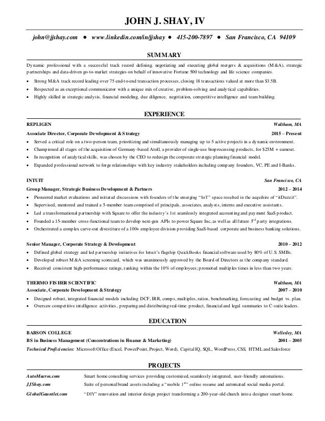 john shay resume corporate development corporate development resumes