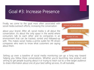 Goal #3: Increase Presence
Finally, we come to the goal most often associated with
social media outreach efforts; increasing the conversation
about your brand. After all, social media is all about the
conversation. It’s about the only space in the world where
consumers talk to each other and to companies in an
environment that can be tracked, sorted and followed-up
with. This makes social media a prime outlet for PR driven
companies who want to know what customers are saying
about them.
Setting up even a baseline of social media monitoring can go a long way toward
helping you follow these conversations. Whether you’re launching new product and
aiming to get people buzzing about it or trying to reach out to a new target audience
to share information about one of your best selling services, it’s all trackable.
 