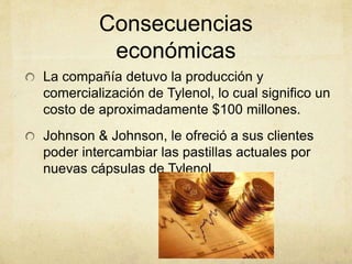 Consecuencias 
económicas 
La compañía detuvo la producción y 
comercialización de Tylenol, lo cual significo un 
costo de aproximadamente $100 millones. 
Johnson & Johnson, le ofreció a sus clientes 
poder intercambiar las pastillas actuales por 
nuevas cápsulas de Tylenol. 
 