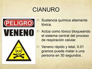CIANURO 
Sustancia química altamente 
tóxica. 
Actúa como tóxico bloqueando 
el sistema central del proceso 
de respiración celular. 
Veneno rápido y letal, 0.01 
gramos puede matar a una 
persona en 30 segundos . 
 