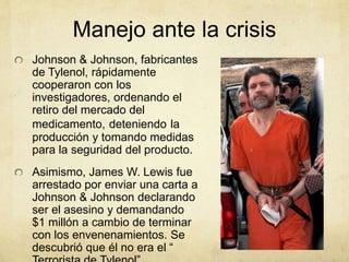 Manejo ante la crisis 
Johnson & Johnson, fabricantes 
de Tylenol, rápidamente 
cooperaron con los 
investigadores, ordenando el 
retiro del mercado del 
medicamento, deteniendo la 
producción y tomando medidas 
para la seguridad del producto. 
Asimismo, James W. Lewis fue 
arrestado por enviar una carta a 
Johnson & Johnson declarando 
ser el asesino y demandando 
$1 millón a cambio de terminar 
con los envenenamientos. Se 
descubrió que él no era el “ 
Terrorista de Tylenol”. 
 
