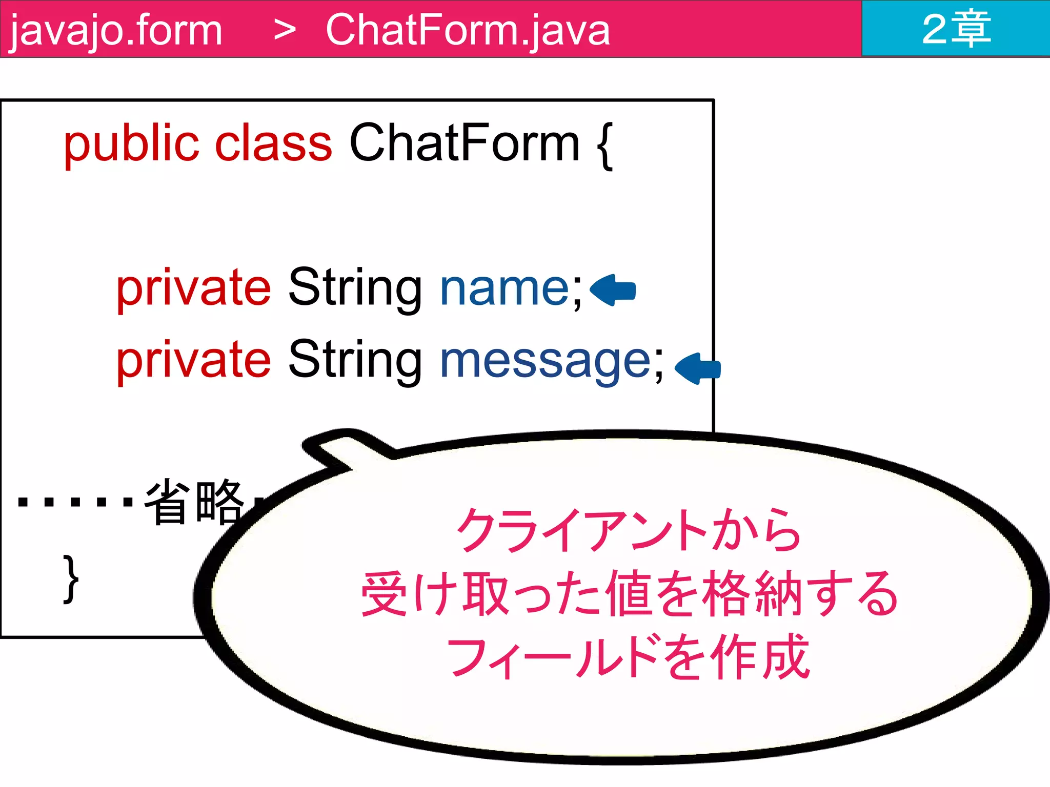 public class ChatForm {
・・・・・省略・・・・・
public String getName() {
return name;
}
・・・・・省略・・・・・
public void setMessage(String message) {
this.message = message;
}
}
javajo.form > ChatForm.java ２章
すでに実装済みなので、
コメントアウトを外す
だけでOK
 