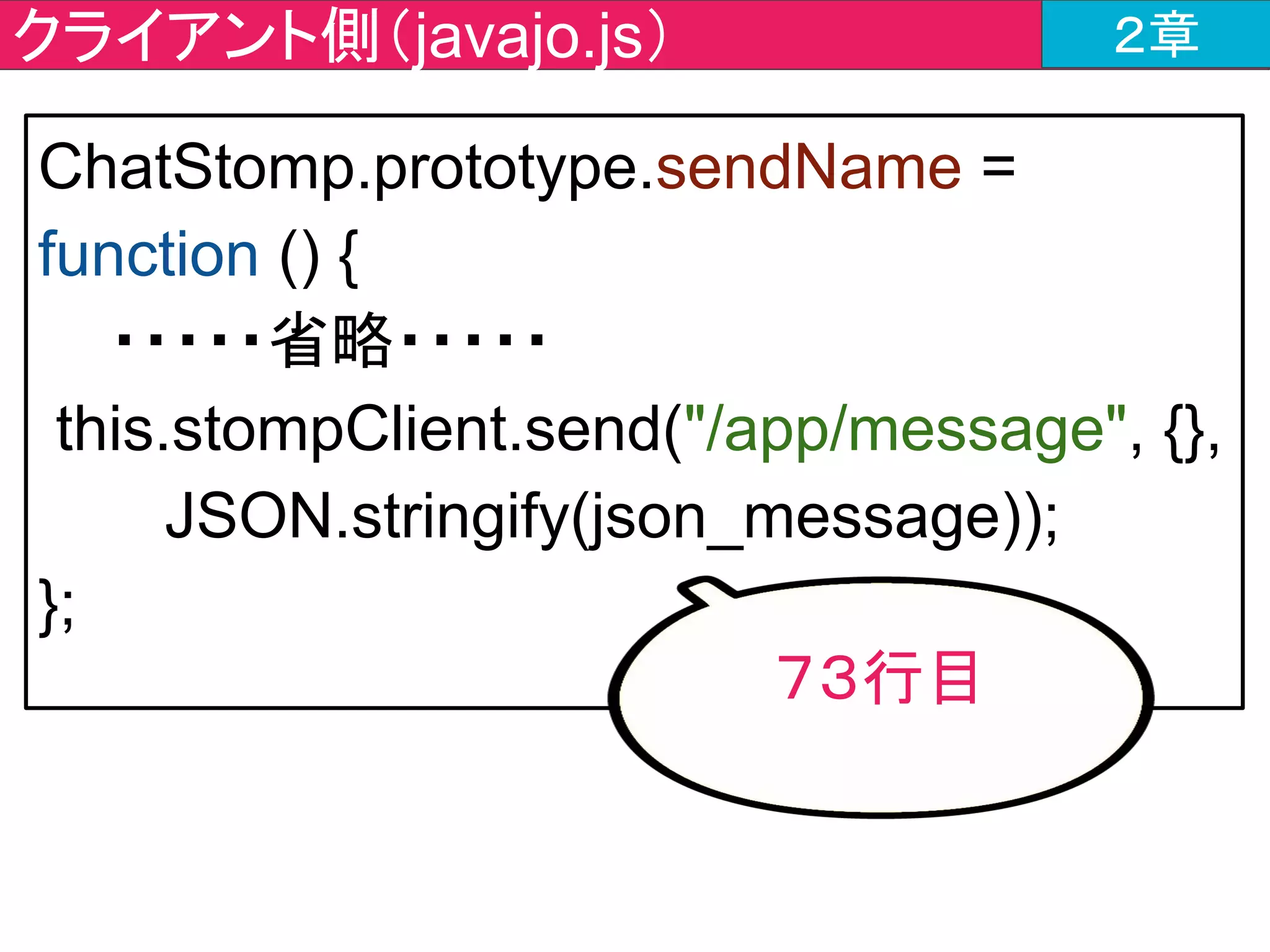 チャットツールの作成内容 ２章
ChatController
@MessageMapping("/message")
@SendTo(value= "/topic/messages")
MessageBroker
/message
/app/message
@EnableWebSocketMessageBroker
/topic/messages
ChatForm
 