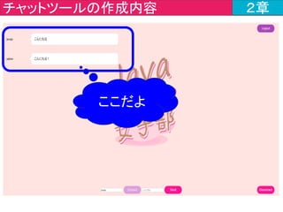 チャットツールの作成内容 ２章
①WebSocketへの接続要求
⑥WebSocketコネクション切断
④メッセージ送信
⑤メッセージ受信
②WebSocketコネクション確立
③メッセージ受信時の挙動設定ここだよ
 