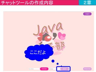 1. chat-exerciseのプロジェクトを実行！
2. http://localhost:8080/chat
にアクセス！
ローカルで動かしてみようローカルで動かしてみよう
3. ユーザ名を入力してConnectボタンクリック！
　
4.メッセージを入力してSendボタン
をクリック！
#jjug_ccc #ccc_m3
 