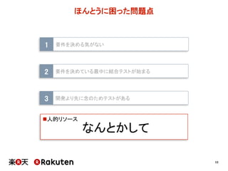 11
ほんとうに困った問題点
1 要件を決める気がない
3 開発より先に念のためテストがある
2 要件を決めている最中に結合テストが始まる
n人的リソース
なんとかして
 