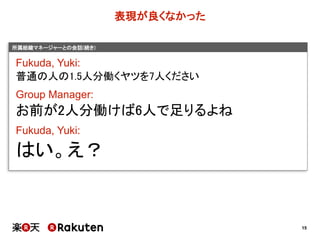 15
所属組織マネージャーとの会話(続き)
表現が良くなかった
Fukuda,  Yuki:
普通の人の1.5人分働くヤツを7人ください
Group  Manager:
お前が2人分働けば6人で足りるよね
Fukuda,  Yuki:
はい。え？
 
