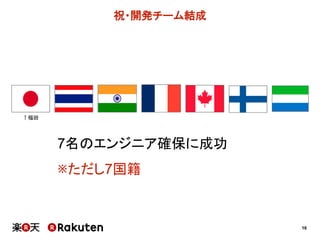 16
祝・開発チーム結成
7名のエンジニア確保に成功
※ただし7国籍
↑福田
 