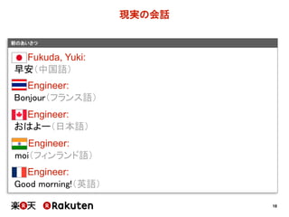 18
朝のあいさつ
現実の会話
Fukuda,  Yuki:
早安（中国語）
Engineer:
Bonjour（フランス語）
Engineer:
おはよー（日本語）
Engineer:
moi（フィンランド語）
Engineer:
Good morning!（英語）
 