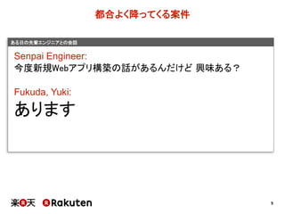 5
ある日の先輩エンジニアとの会話
都合よく降ってくる案件
Senpai Engineer:
今度新規Webアプリ構築の話があるんだけど 興味ある？
Fukuda,  Yuki:
あります
 