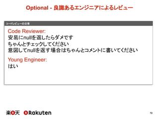 72
コードレビューの日常
Optional  -­ 良識あるエンジニアによるレビュー
Code  Reviewer:
安易にnullを返したらダメです
ちゃんとチェックしてください
意図してnullを返す場合はちゃんとコメントに書いてください
Young  Engineer:
はい
 