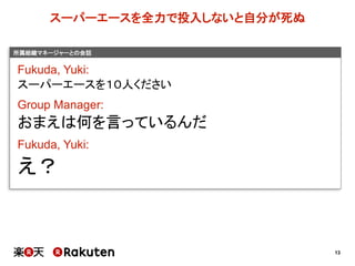 13
所属組織マネージャーとの会話
スーパーエースを全力で投入しないと自分が死ぬ
Fukuda,  Yuki:
スーパーエースを１０人ください
Group  Manager:
おまえは何を言っているんだ
Fukuda,  Yuki:
え？
 