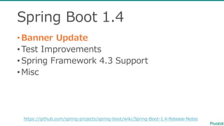 Spring  Boot  1.4
•Banner  Update
•Test  Improvements
•Spring  Framework  4.3  Support
•Misc
https://github.com/spring-‐‑‒projects/spring-‐‑‒boot/wiki/Spring-‐‑‒Boot-‐‑‒1.4-‐‑‒Release-‐‑‒Notes
 