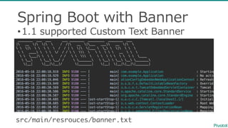 Spring  Boot  with  Banner
src/main/resrouces/banner.txt
•1.1  supported  Custom  Text  Banner  
 
