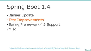 Spring  Boot  1.4
•Banner  Update
•Test  Improvements
•Spring  Framework  4.3  Support
•Misc
https://github.com/spring-‐‑‒projects/spring-‐‑‒boot/wiki/Spring-‐‑‒Boot-‐‑‒1.4-‐‑‒Release-‐‑‒Notes
 