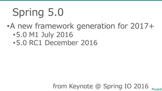 Spring  5.0
•A  new  framework  generation  for  2017+
•5.0  M1  July  2016
•5.0  RC1  December  2016
from  Keynote  @  Spring  IO  2016
 