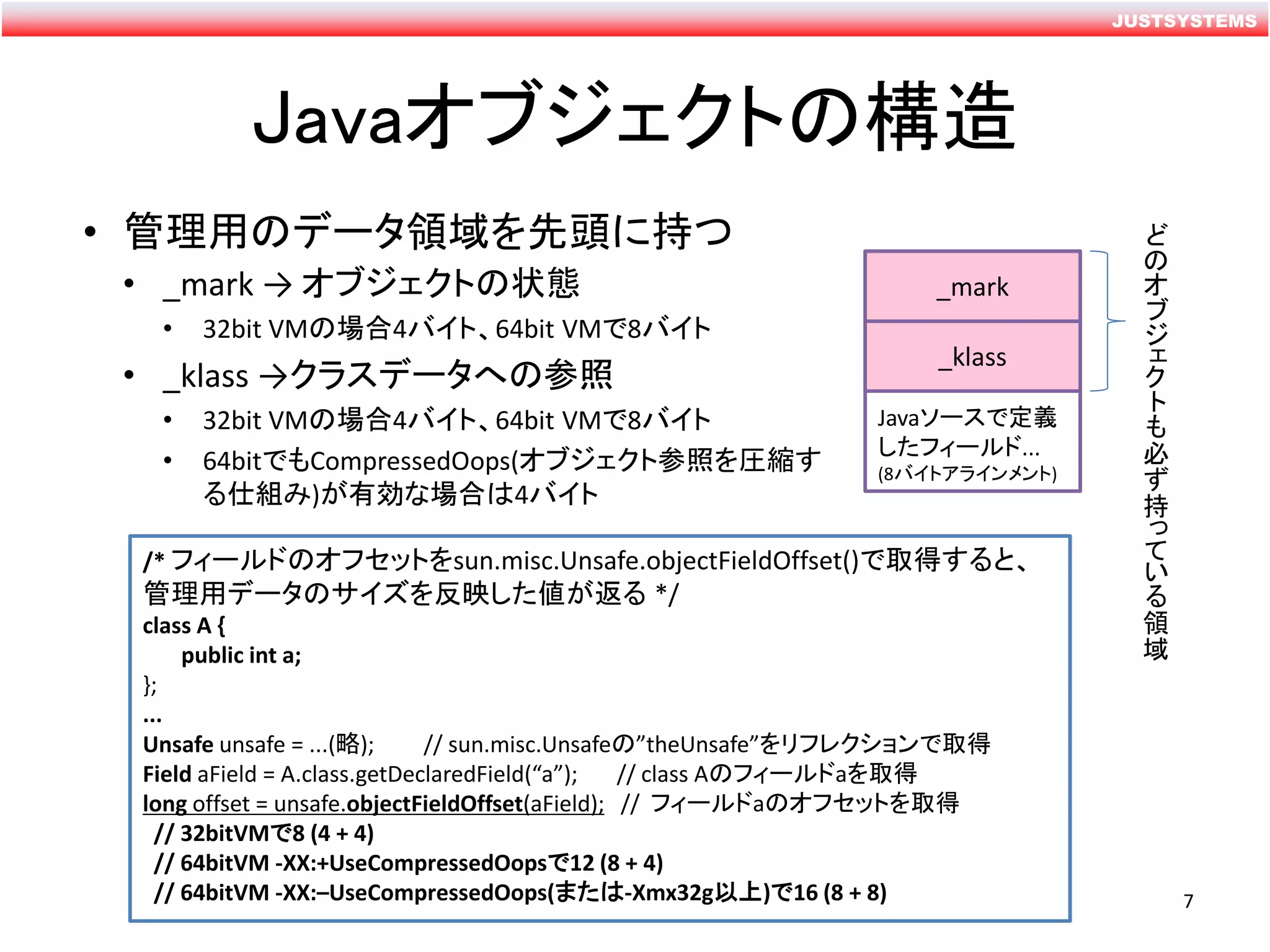 JUSTSYSTEMS
Javaオブジェクトの構造
/* フィールドのオフセットをsun.misc.Unsafe.objectFieldOffset()で取得すると、
管理用データのサイズを反映した値が返る */
class A {
public int a;
};
...
Unsafe unsafe = ...(略); // sun.misc.Unsafeの”theUnsafe”をリフレクションで取得
Field aField = A.class.getDeclaredField(“a”); // class Aのフィールドaを取得
long offset = unsafe.objectFieldOffset(aField); // フィールドaのオフセットを取得
// 32bitVMで8 (4 + 4)
// 64bitVM -XX:+UseCompressedOopsで12 (8 + 4)
// 64bitVM -XX:–UseCompressedOops(または-Xmx32g以上)で16 (8 + 8)
Javaソースで定義
したフィールド...
(8バイトアラインメント)
_mark
_klass
• 管理用のデータ領域を先頭に持つ
• _mark → オブジェクトの状態
• 32bit VMの場合4バイト、64bit VMで8バイト
• _klass →クラスデータへの参照
• 32bit VMの場合4バイト、64bit VMで8バイト
• 64bitでもCompressedOops(オブジェクト参照を圧縮す
る仕組み)が有効な場合は4バイト
ど
の
オ
ブ
ジ
ェ
ク
ト
も
必
ず
持
っ
て
い
る
領
域
7
 