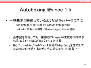 JUSTSYSTEMS
Autoboxing @since 1.5
• 一見基本型を使っているようだがラッパークラスに
Set<Integer> set = new HashSet<Integer>();
set.add(1234); // 実...