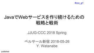 #ccc_g1
published
JavaでWebサービスを作り続けるための
戦略と戦術
JJUG-CCC 2018 Spring
ベルサール新宿 2018-05-26
Y. Watanabe
 