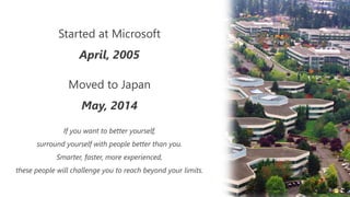 Started at Microsoft
April, 2005
Moved to Japan
May, 2014
If you want to better yourself,
surround yourself with people better than you.
Smarter, faster, more experienced,
these people will challenge you to reach beyond your limits.
 