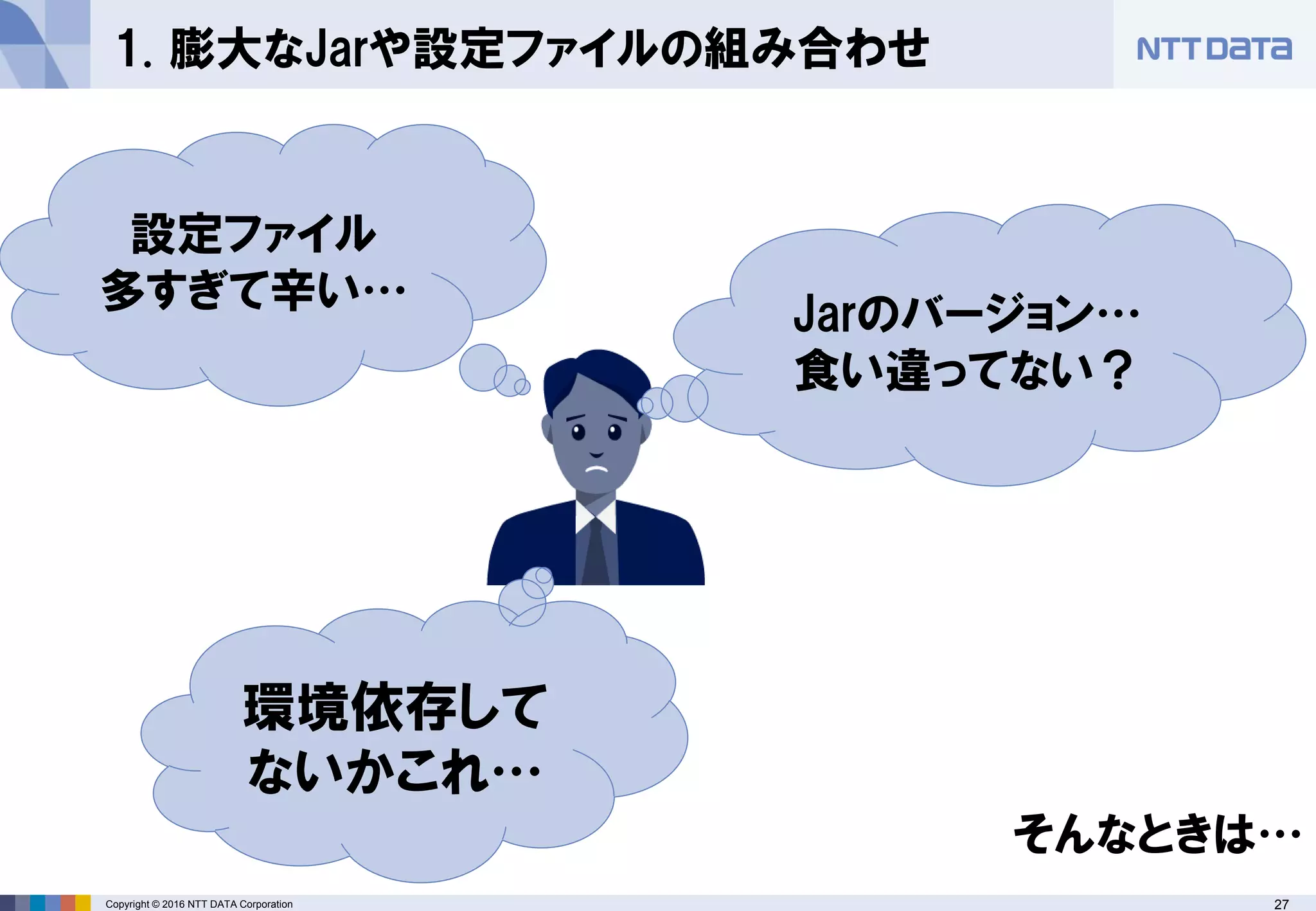 27Copyright © 2016 NTT DATA Corporation
1. 膨大なJarや設定ファイルの組み合わせ
Jarのバージョン…
食い違ってない？
設定ファイル
多すぎて辛い…
環境依存して
ないかこれ…
そんなときは…
 