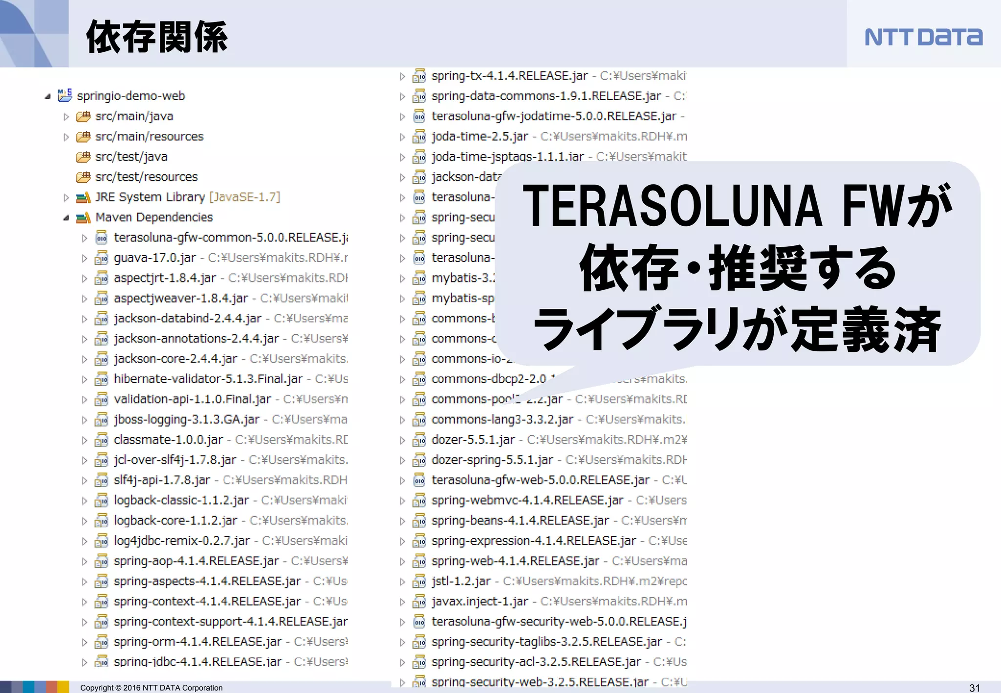 31Copyright © 2016 NTT DATA Corporation
依存関係
TERASOLUNA FWが
依存・推奨する
ライブラリが定義済
 
