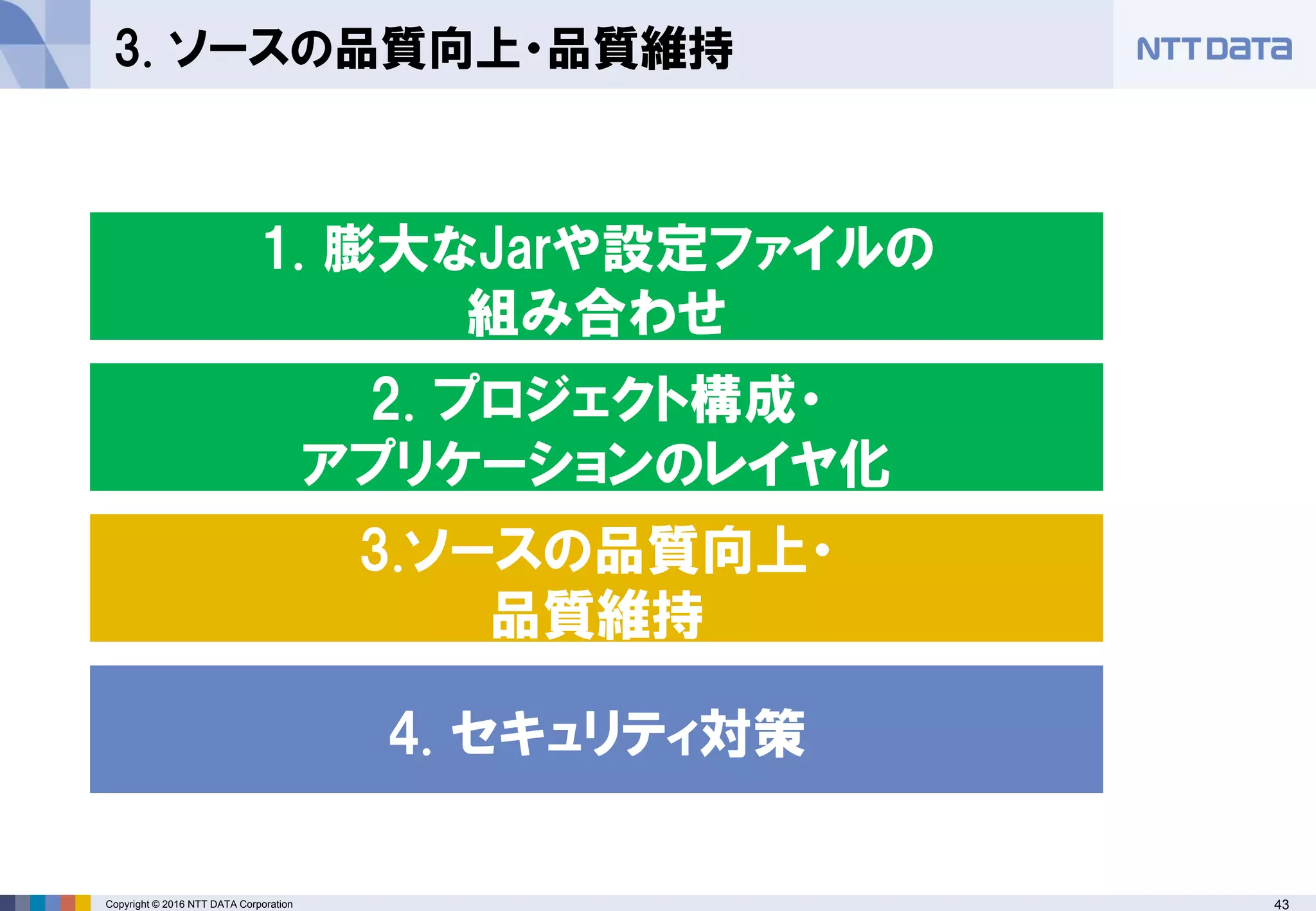 43Copyright © 2016 NTT DATA Corporation
3. ソースの品質向上・品質維持
2. プロジェクト構成・
アプリケーションのレイヤ化
1. 膨大なJarや設定ファイルの
組み合わせ
4. セキュリティ対策
3.ソースの品質向上・
品質維持
 