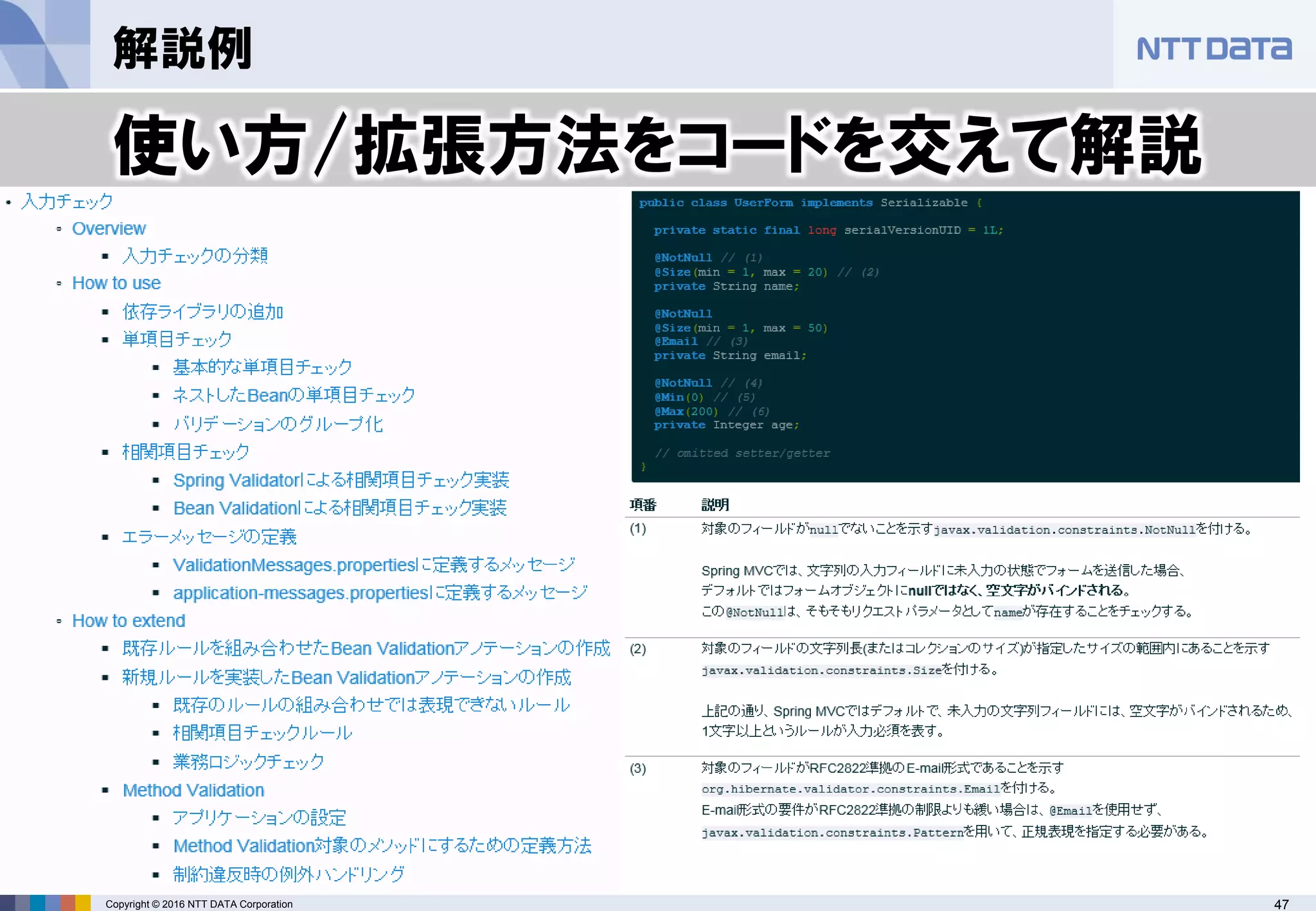 47Copyright © 2016 NTT DATA Corporation
解説例
使い方/拡張方法をコードを交えて解説
 