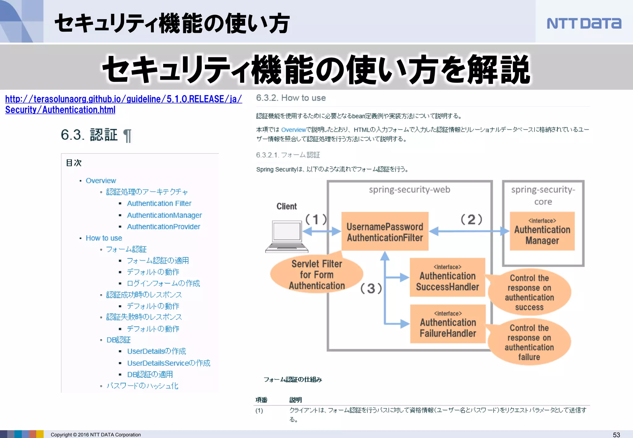 53Copyright © 2016 NTT DATA Corporation
セキュリティ機能の使い方
セキュリティ機能の使い方を解説
http://terasolunaorg.github.io/guideline/5.1.0.RELEASE/ja/
Security/Authentication.html
 