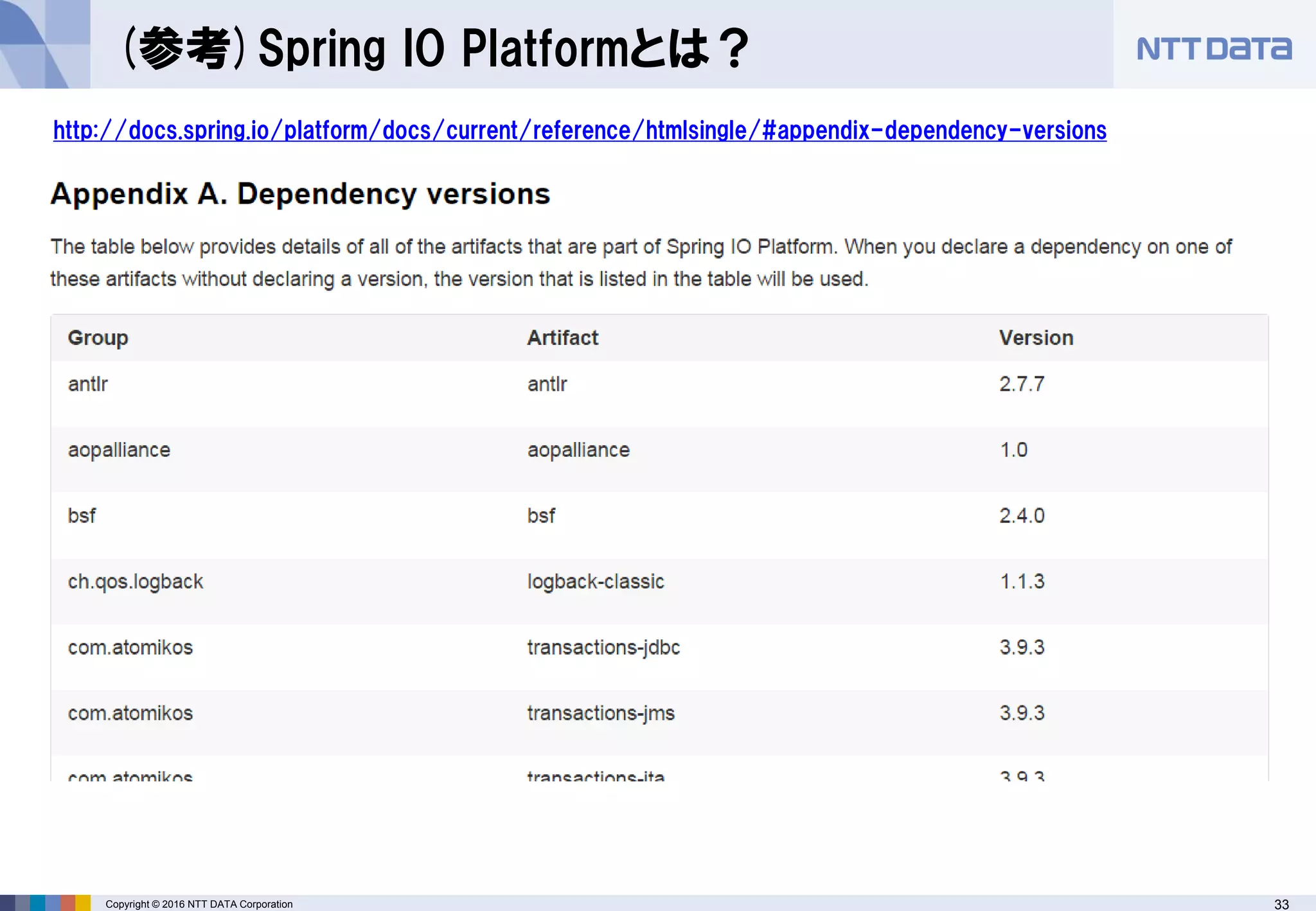 33Copyright © 2016 NTT DATA Corporation
(参考)Spring IO Platformとは？
http://docs.spring.io/platform/docs/current/reference/htmlsingle/#appendix-dependency-versions
 