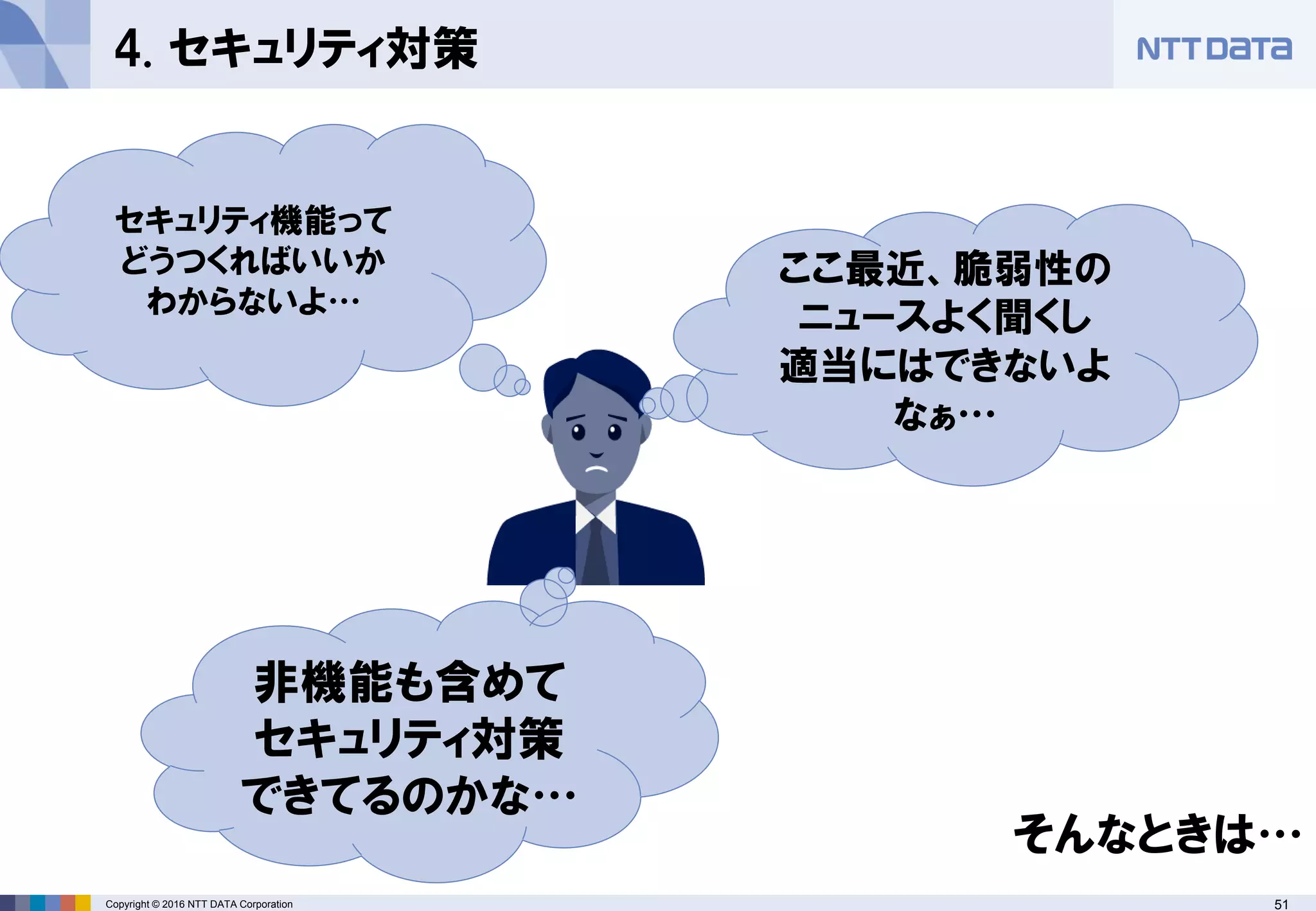51Copyright © 2016 NTT DATA Corporation
4. セキュリティ対策
ここ最近、脆弱性の
ニュースよく聞くし
適当にはできないよ
なぁ…
セキュリティ機能って
どうつくればいいか
わからないよ…
非機能も含めて
セキュリティ対策
できてるのかな…
そんなときは…
 
