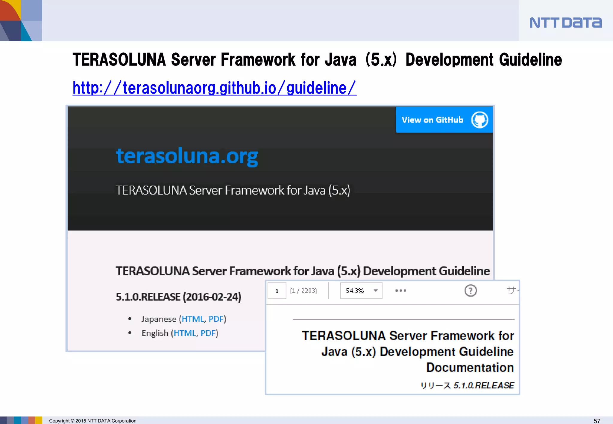 Copyright © 2015 NTT DATA Corporation 57
TERASOLUNA Server Framework for Java (5.x) Development Guideline
http://terasolunaorg.github.io/guideline/
 