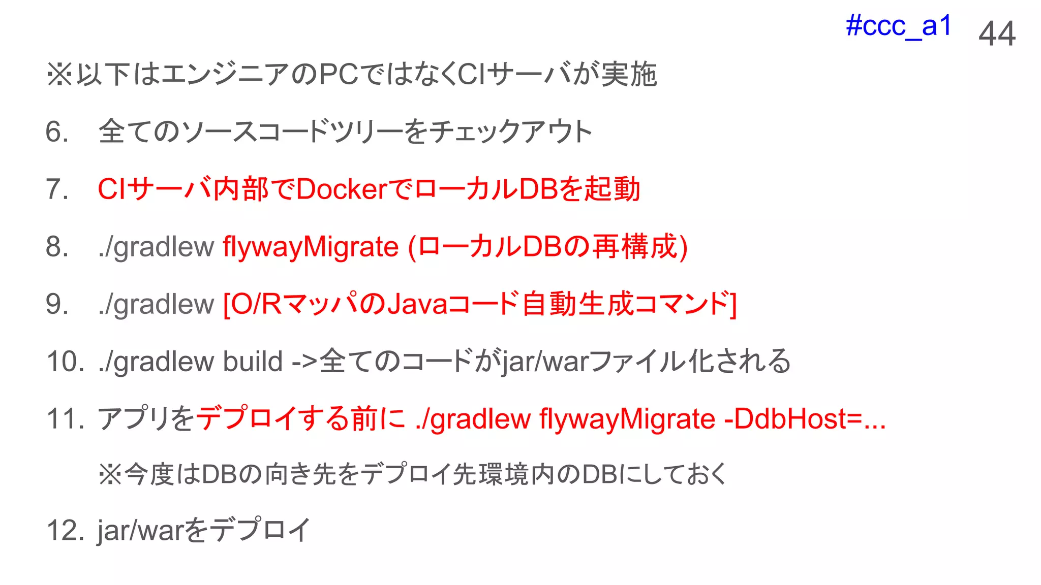 #ccc_a1
※以下はエンジニアのPCではなくCIサーバが実施
6. 全てのソースコードツリーをチェックアウト
7. CIサーバ内部でDockerでローカルDBを起動
8. ./gradlew flywayMigrate (ローカルDBの再構成)
9. ./gradlew [O/RマッパのJavaコード自動生成コマンド]
10. ./gradlew build ->全てのコードがjar/warファイル化される
11. アプリをデプロイする前に ./gradlew flywayMigrate -DdbHost=...
※今度はDBの向き先をデプロイ先環境内のDBにしておく
12. jar/warをデプロイ
44
 