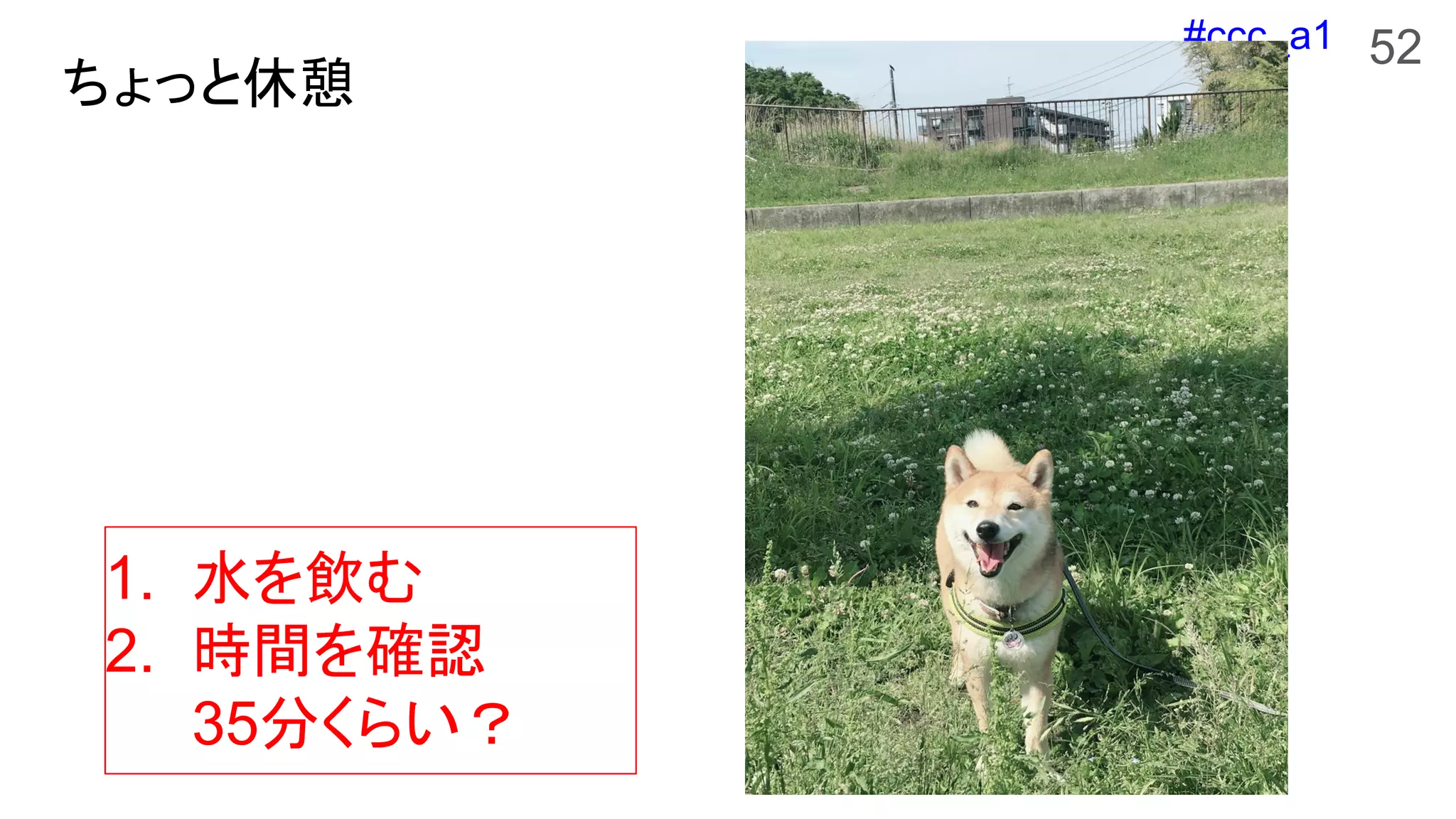 #ccc_a1
ちょっと休憩
52
1. 水を飲む
2. 時間を確認
35分くらい？
 