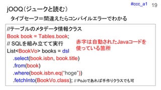 #ccc_a1
jOOQ`iࣩ
//Ʃ`֥Υ᥿ǩ`󥯥饹
Book book = Tables.book;
// SQLMƤƌg
List<BookVo> books = dsl
.select(book.isbn, book.title)
.from(book)
.where(book.isbn.eq(hoge))
.fetchInto(BookVo.class); // PoJoǤꥯ饹Ǥ
ץ`գg`饳ѥ륨`Ǥ狼
֤ԄӤ줿Java`ɤ
ʹäƤw
19
 