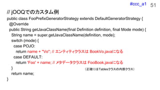 #ccc_a1
// jOOQǤΥ
public class FooPrefixGeneratorStrategy extends DefaultGeneratorStrategy {
@Override
public String getJavaClassName(final Definition definition, final Mode mode) {
String name = super.getJavaClassName(definition, mode);
switch (mode) {
case POJO:
return name + "Vo"; // ƥƥ饹 BookVo.javaˤʤ
case DEFAULT:
return 'Foo' + name; // ᥿ǩ`饹 FooBook.javaˤʤ
}
return name;
}
51
_ˤTables饹ڲ饹
 