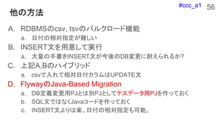 #ccc_a1
η
56
A. RDBMScsv, tsvΥХ륯`əC
a. ոָy
B. INSERTĤ⤷ƌg
a. ֕INSERTĤDBͤ뤫?
C. ӛA,BΥϥ֥å
a. csvոUPDATE
D. FlywayJava-Based Migration
a. DBxPJȤτePJȤƥƥǩ`PJäƤ
b. SQLĤǤϤʤJava`ɤäƤ
c. INSERTĤϘSոָܡ
 