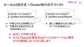 #ccc_a1
ローカルDB方式 = Docker時代のデファクト
41
$ docker run mysql:5.7
$ ./gradlew flywayMigrate
● 不要なカラムを削除したい
● 不適切な名前のカラムを
RENAMEし...