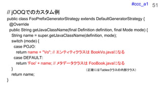 #ccc_a1
// jOOQでのカスタム例
public class FooPrefixGeneratorStrategy extends DefaultGeneratorStrategy {
@Override
public String getJavaClassName(final Definition definition, final Mode mode) {
String name = super.getJavaClassName(definition, mode);
switch (mode) {
case POJO:
return name + "Vo"; // エンティティクラスは BookVo.javaになる
case DEFAULT:
return 'Foo' + name; // メタデータクラスは FooBook.javaになる
}
return name;
}
51
（正確にはTablesクラスの内部クラス）
 